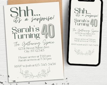 Surprise Birthday Party Invitation Canva Template | Surprise Birthday Party For Her Invitation Template | Cute Surprise Party Invitation