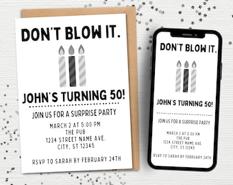 Funny Surprise Party Invitation Canva Template | Don't Blow It Surprise Party Invitation | Digital Surprise Party For Him Invite