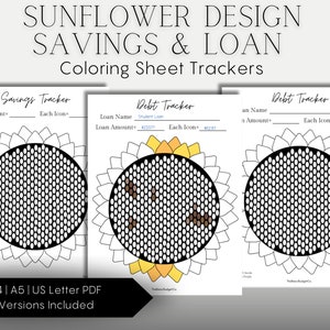 Puede incluir: Tres hojas de colorear de girasol imprimibles para hacer un seguimiento de los ahorros y las deudas. Cada hoja presenta un girasol en blanco y negro con una cuadrícula de círculos para colorear. La hoja de ahorros tiene el texto "Cantidad objetivo" y "Cada icono". Las hojas de deudas tienen el texto "Nombre del préstamo", "Cantidad del préstamo", "Cada icono", "Nombre del préstamo", "Cantidad del préstamo" y "Cada icono".