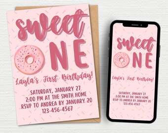 Sweet One First Birthday Party Digital or Print Invitation Template Canva | Doughnut Grow Up First Birthday Invitation Template Customizable
