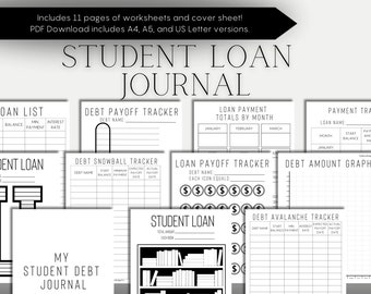 May include: Black and white printable student loan journal with worksheets for tracking debt, payments, and progress. Includes 11 pages of worksheets and a cover sheet. PDF download includes A4, A5, and US Letter versions.
