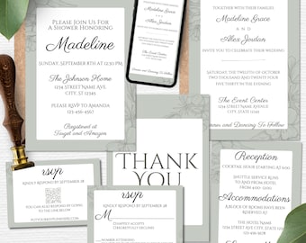 Wedding Invitation Template Suite, All In One Wedding Invitation Template, Modern Wedding Invitation for 2024 Bride, Green Wedding Invite