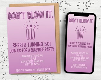 Funny Surprise Party Invitation Canva Template | Don't Blow It Surprise Party Invitation | Digital Surprise Party For Her Invite
