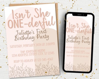 Isn't She One-derful First Birthday Party Boho Invitation Template | Boho First Birthday Party Invitation | Neutral Birthday Party Invite