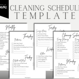 May include: A printable cleaning schedule template with a black and white design. The template is divided into daily, weekly, and monthly tasks. The text includes "Cleaning Schedule", "Every Morning", "Every Evening", "Monthly", "Tuesday", "Wednesday", "Thursday", "Friday", "Monday", "Bedrooms", "Living Areas", "Kitchen", "Bathrooms", "Laundry", "Outside and Misc."