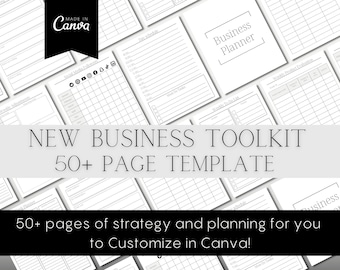 May include: A business planner template with a white background. The text "NEW BUSINESS TOOLKIT 50+ PAGE TEMPLATE" is displayed in a large font. The image includes various planning pages, including a day schedule, to-do list, and social media tracker.