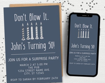 Funny Surprise Party Invitation Canva Template | Don't Blow It Surprise Party Invitation | Digital Surprise Party For Him Invite