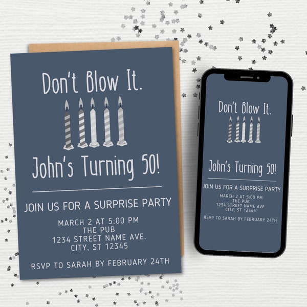 Funny Surprise Party Invitation Canva Template | Don't Blow It Surprise Party Invitation | Digital Surprise Party For Him Invite