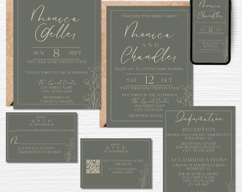 Wedding Invitation Template Suite, All In One Wedding Invitation Template, Modern Wedding Invitation for 2024 Bride, Green Wedding Invite