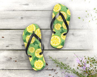 Plasterki cytryny na zielonych klapkach, klapki dla mężczyzn i kobiet, klapki unisex, klapki letnie
