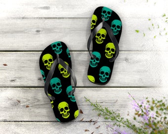 Yellow & Blue Skulls Halloween Flip Flops, Halloween Flip Flops, Flip Flops for Men and Women, Unisex Flip Flops