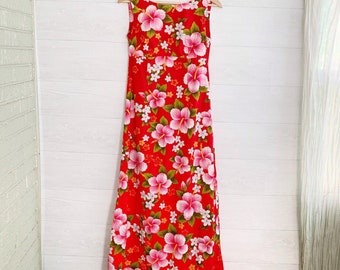 flawed Ui-Maikai 60s 70s Hawaiian Red tropical floral maxi dress sleeveless, S