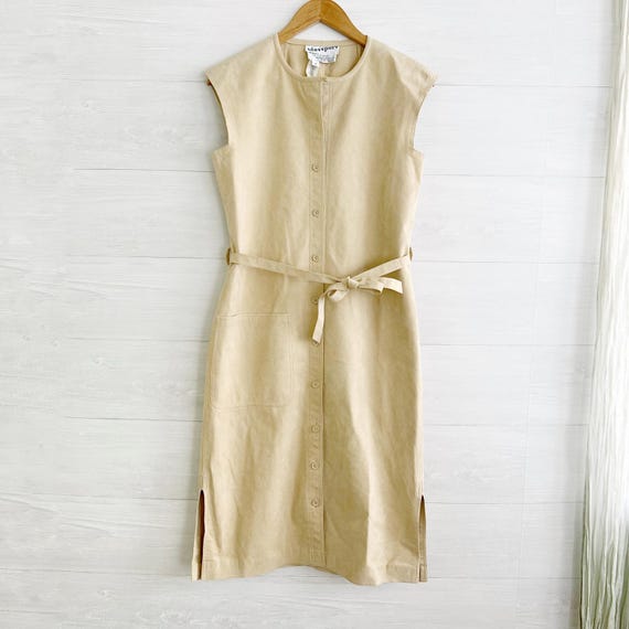 Bill Blass, Vintage Blassport Bill Blass Skinner Ultrasuede Beige Belted Midi Dress 8