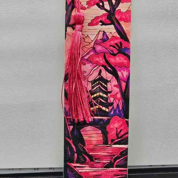 Silk Tasseled Laminated Cardstock Bookmark Pink Japanese Asian Cherry Blossom Mountains Art Strip Stained Glass Scenic Landscape Placeholder