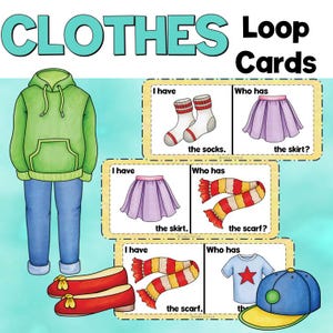 Puede incluir: Un colorido póster educativo con la palabra "CLOTHES" y "Loop Cards" en la parte superior. El póster presenta ilustraciones de prendas de vestir como una sudadera con capucha verde, vaqueros azules, zapatos rojos, calcetines, una falda, una bufanda, una camiseta y una gorra de béisbol.