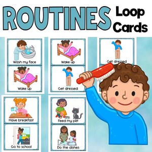 Puede incluir: Tarjetas de bucle educativas coloridas con ilustraciones de rutinas diarias. Las tarjetas incluyen imágenes y texto como "Wash my face", "Wake up" y "Go to school". Un niño de dibujos animados se cepilla el pelo con un cepillo rojo.