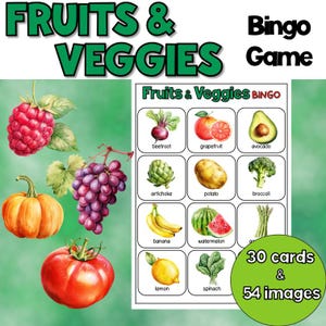 Puede incluir: Un colorido juego de Bingo de Frutas y Verduras con ilustraciones de varias frutas y verduras. El juego incluye 30 cartas y 54 imágenes. Las palabras "Fruits & Veggies" y "Bingo Game" se muestran en la parte superior.