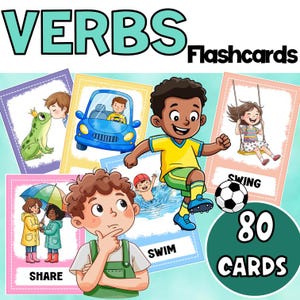 Puede incluir: Juego de tarjetas didácticas con la palabra "VERBS" en la parte superior. Las tarjetas presentan ilustraciones coloridas de niños realizando acciones. El conjunto incluye 80 tarjetas para el aprendizaje.