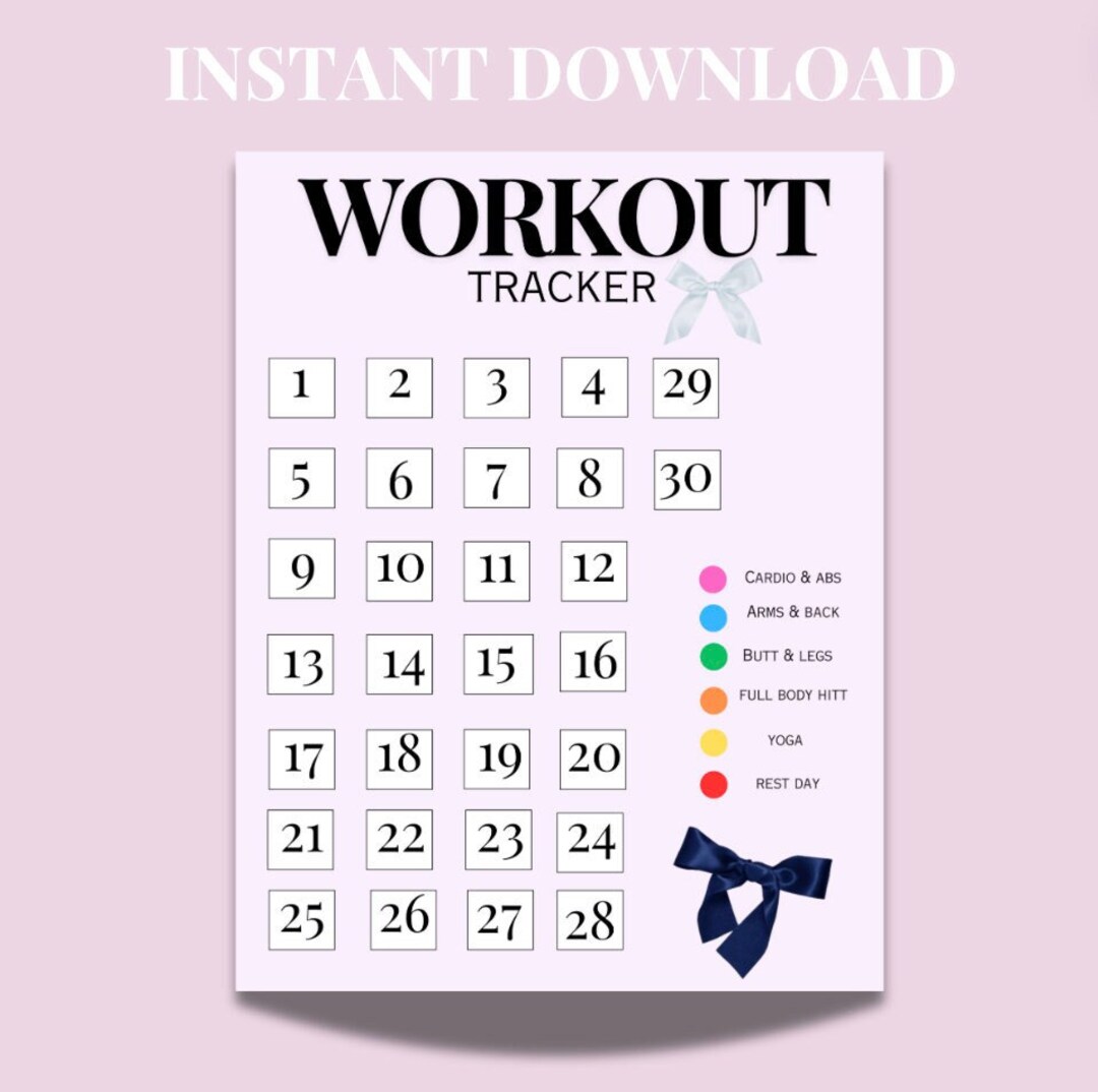 Printable Workout Checklist, Fitness Planner for Consistent Training, That Girl, Pink Bow ...