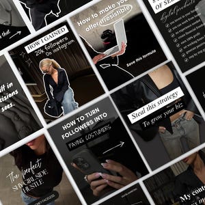 Op de afbeelding: Een verzameling zwart-wit social media graphics met tekstoverlays. Onderwerpen zijn onder meer het verkrijgen van volgers, digitale producten en het starten van een bedrijf. De graphics bevatten afbeeldingen van mensen en tekst zoals "How I Gained 20k followers on Instagram."