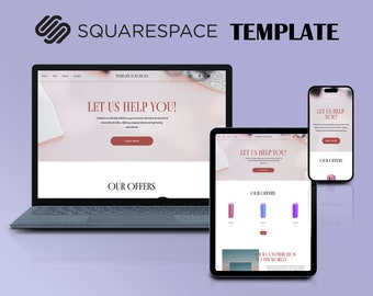 May include: A mockup of a Squarespace website template for a beauty or cosmetics brand. The website features a pink and white color scheme with a call to action button that says "Let Us Help You!" and a section showcasing products with the text "Our Offers".