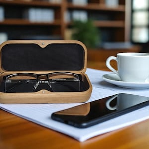 May include: A wooden glasses case, open to reveal a pair of spectacles, sits on a desk alongside a white teacup and saucer, and a black smartphone. The case is made of light-coloured wood and has a black interior.