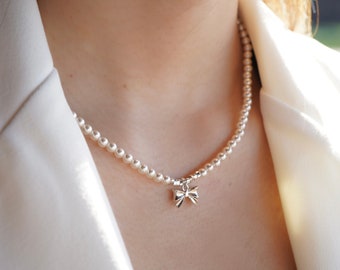 925 Sterling silver bow pearl necklace, prom necklace, gift for best friend