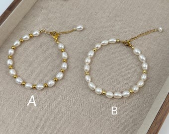 Pulseira de pérolas de água doce, Pulseira de contas de ouro, Pulseira de pérolas simples, Pulseira delicada, Presente para empregadas domésticas trançadas, Ouro 18k preenchido