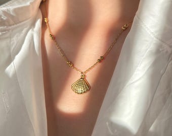 18Kゴールドフィルドシェルペンダントネックレス、ダブルビーズケーブルチェーンネックレス、変色防止、防水ネックレス、日常使いのジュエリー