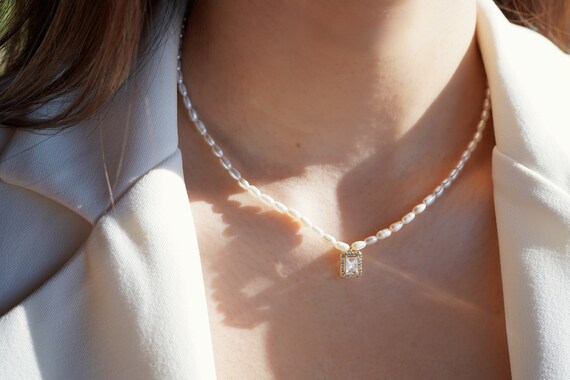 Freshwater pearl square zircon necklace, zircon pendant pearl necklace, zircon necklace, gift for her, birthday gift, pearl with pendant