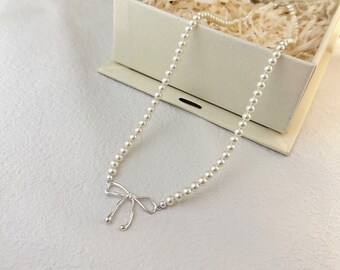 925 Sterling Silver Bow Pearl Necklace, Silver Ribbon Pearl