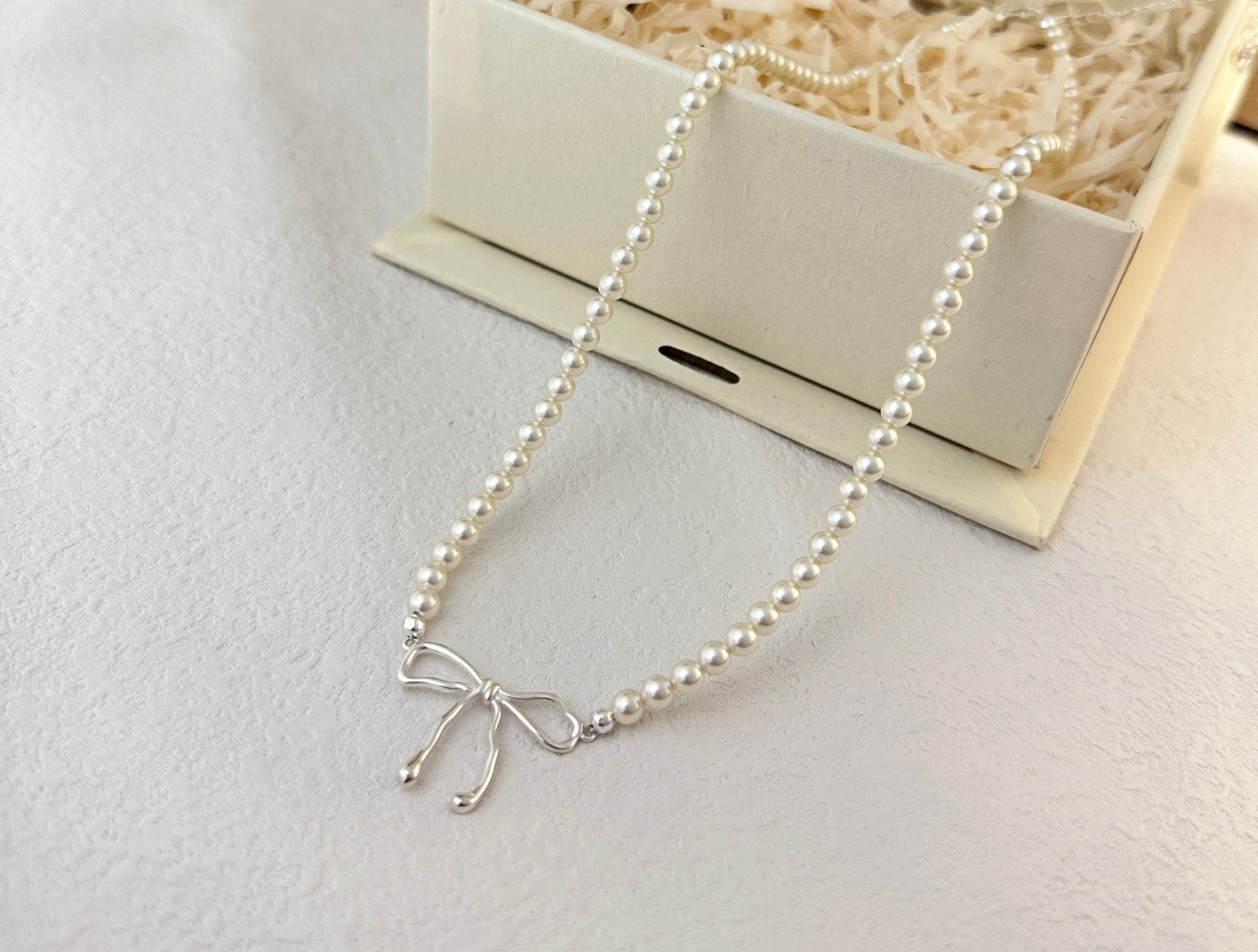 925 Sterling Silver Bow Pearl Necklace, Silver Ribbon Pearl