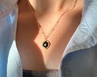 18K ゴールドフィルドの 8 角星ネックレス、ヴィンテージの楕円形の黒いペンダント、ビーズ付きケーブルチェーンネックレス、変色しない日常使いのネックレス
