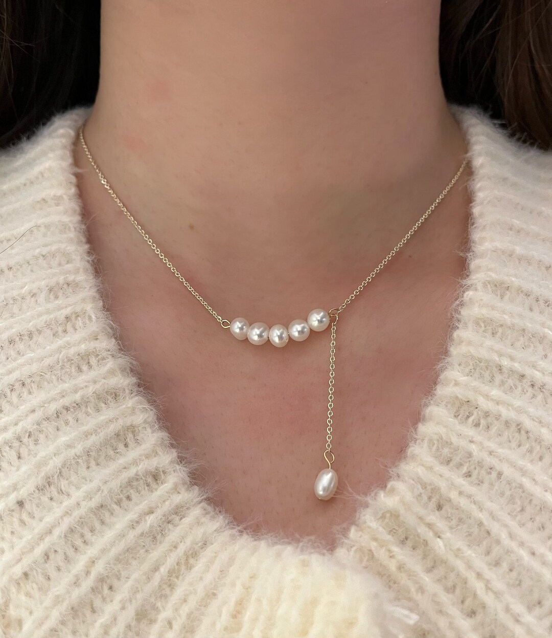 Freshwater Pearl Smile Necklace Dangle, Pearl Necklace for Women, Minimalist Necklace Gold, Gift