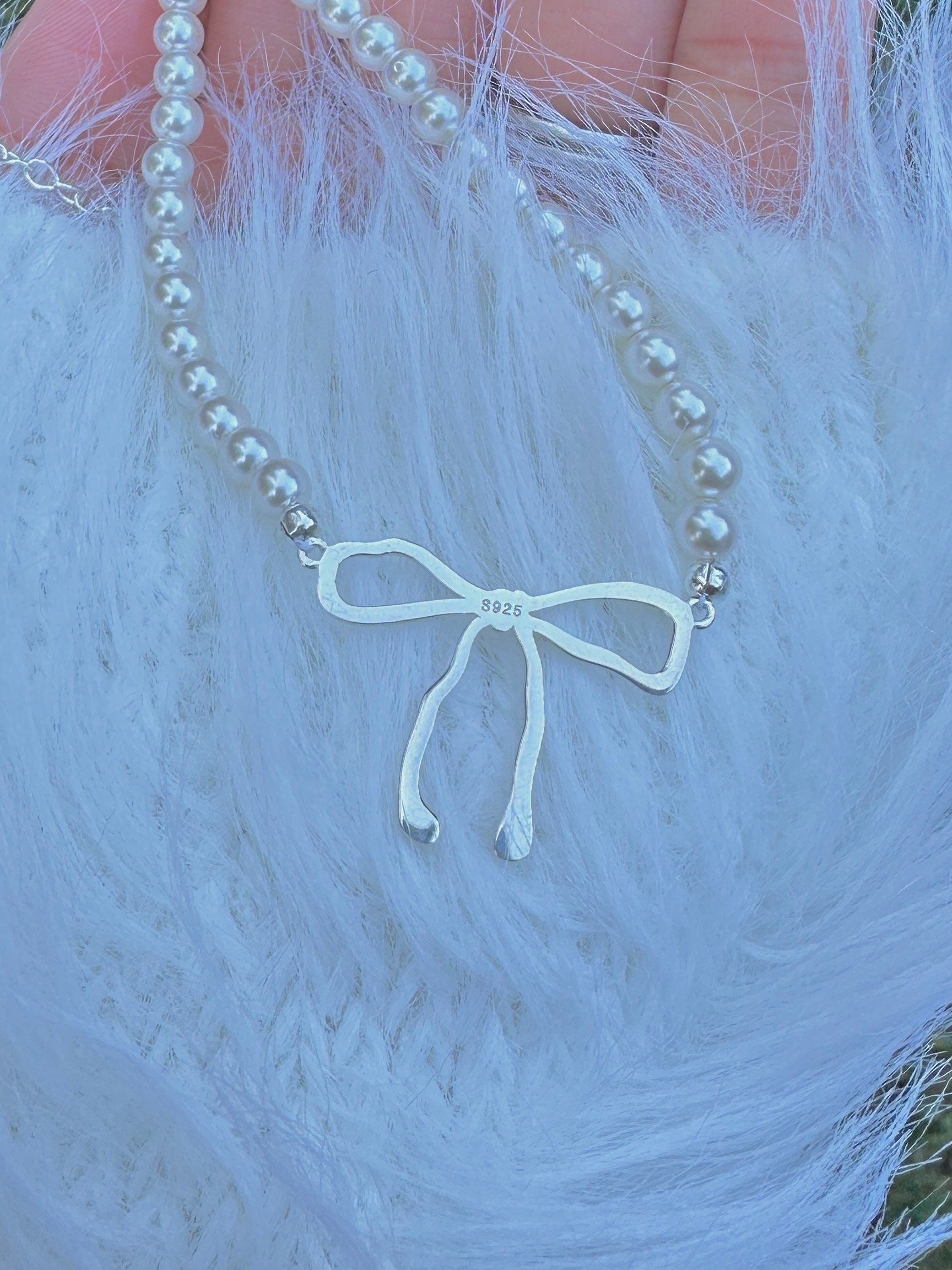 925 Sterling Silver Bow Pearl Necklace, Silver Ribbon Pearl