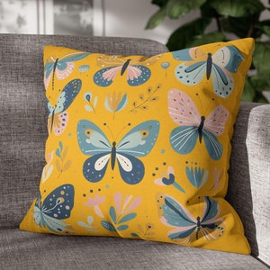 Butterfly Square Yellow Pillowcase, Butterflies nature organic design pastel colors, Indoor Home Throw Pillow , Unique Gift for him her