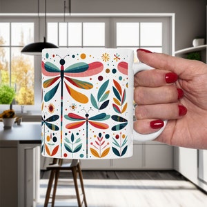 Colorful Dragonfly Mug, Coffee Mug Scandinavian design, Ceramic, dragonflies and flower lover, gifts for him her for birthday, nature lover