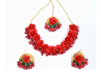 Red haldi floral jewelry mehendi floral jewelry babyshower jewelry Flower jewelry for bride, bridesmaid minimal Floral jewelry for girls