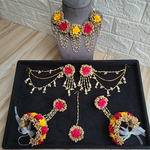 floral Yellow pink jewelry for haldi, mehendi and mayoon   Yellow floral haldi jewelry   Pink floral jewelry    Multicolor floral jewelry