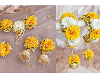 floral yellow white jewelry for haldi    bridal floral jewelry with kalire   floral kalira