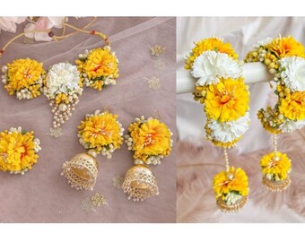 yellow haldi floral jewelry yellow white floral jewelry bridal floral jewelry with kalire