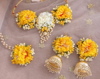yellow haldi floral jewelry yellow white floral jewelry bridal floral jewelry with kalire
