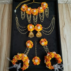 floral Yellow orange jewelry for haldi, mehendi and mayoon   Yellow floral haldi jewelry   multicolour floral jewelry  Orange Floral jewelry