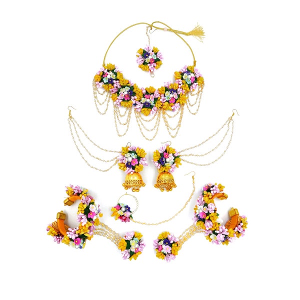 Floral Bridal Haldi Mehendi Multicolor Yellow Pink Jewelry Floral Babyshower Bridal Jewelry with Accessories jhumki earrings