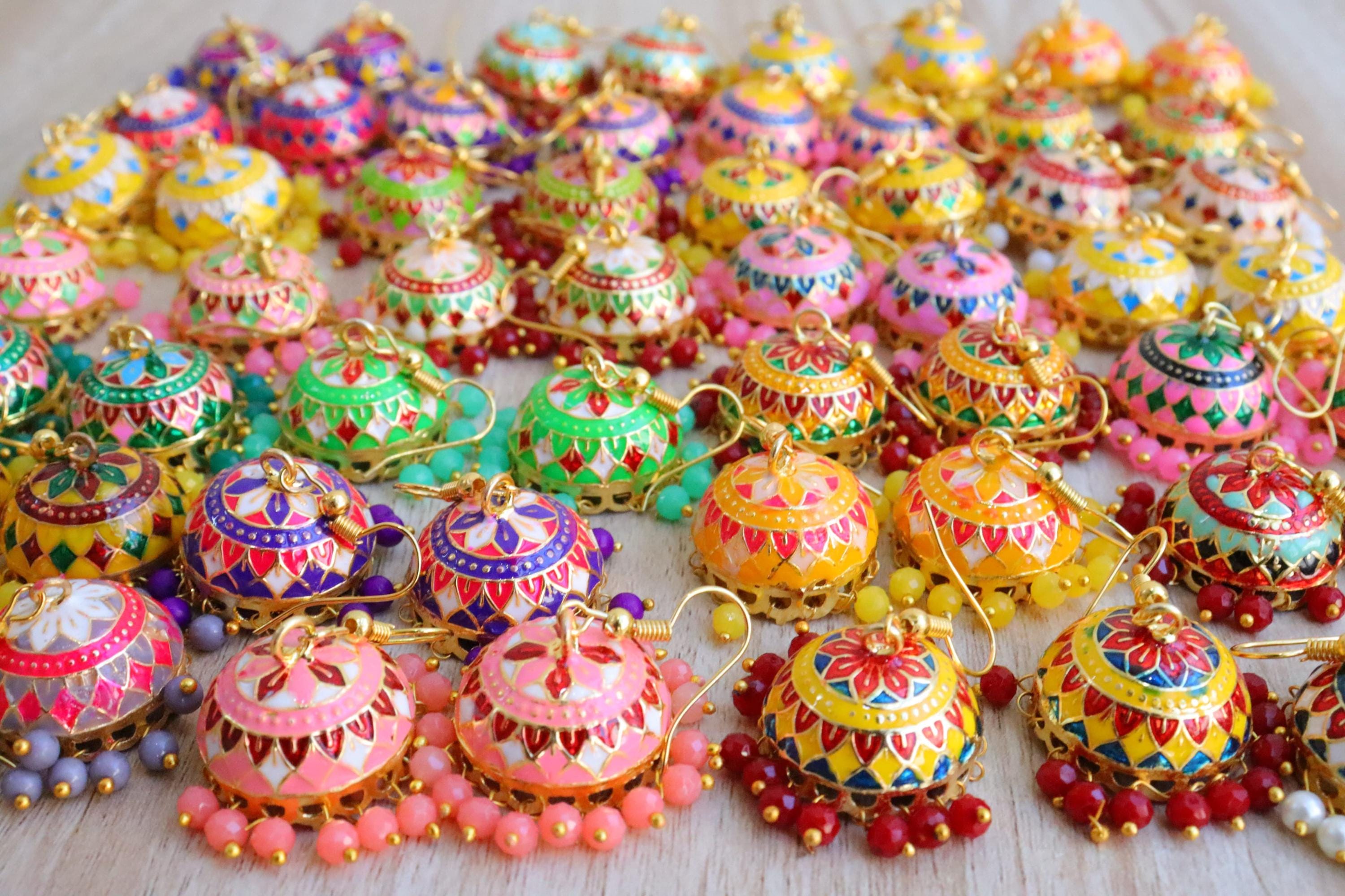 Assorted 100 pc lot of meenakari earrings jhumkis  wedding favour handmade earrings gifts  bridesmaid gifts  mehendi gifts  sangeet gifts