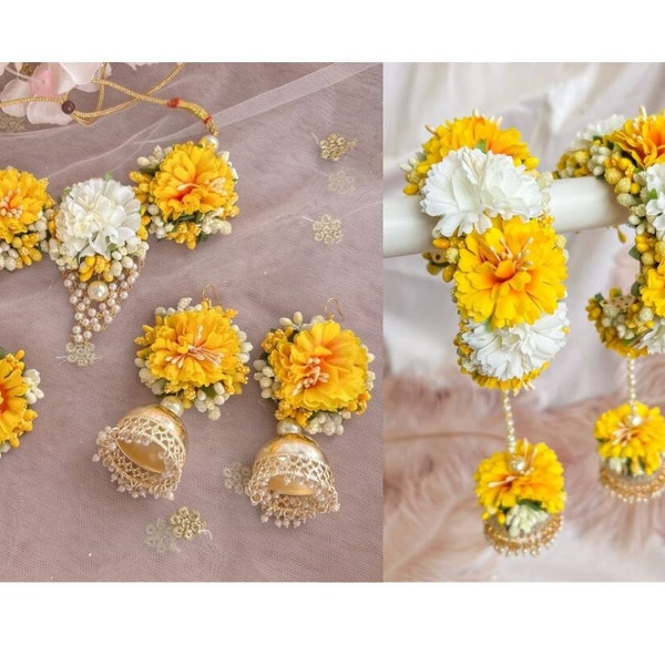 yellow haldi floral jewelry yellow white floral jewelry bridal floral jewelry with kalire