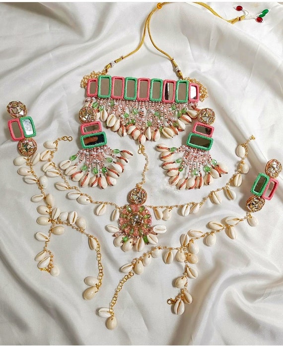 Haldi Bridal Cowrie Shell Jewelry set Handmade Green Pink mirror jewelry  Haldi Bridal cowrie shells jewelry Haldi Floral jewelry