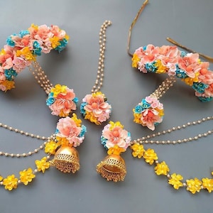 Pink yellow haldi floral jewelry Multicolor bridal floral jewlelry mehendi floral jewelry babyshower floral jewelry