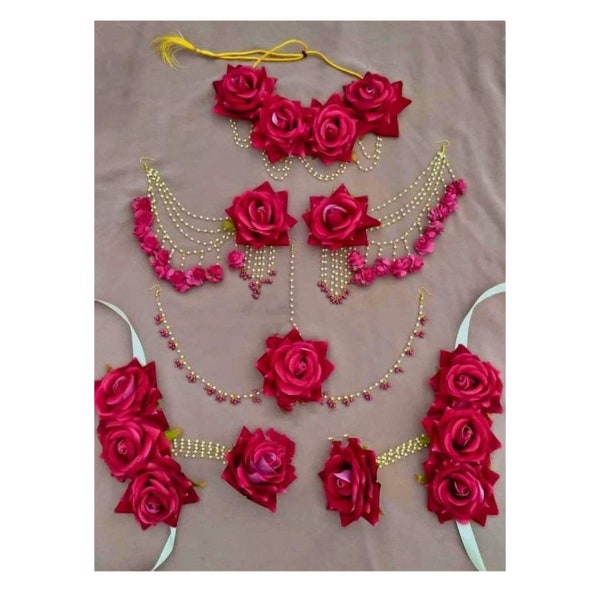 Floral Bridal Haldi Mehendi Rose Red Jewelry Floral Babyshower Bridal Jewelry with Accessories Rose flower jewelry