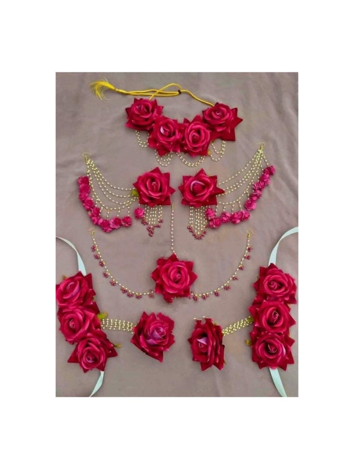 Floral Bridal Haldi Mehendi Rose Red Jewelry Floral Babyshower Bridal Jewelry with Accessories Rose flower jewelry